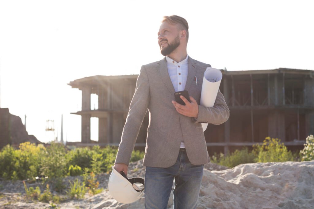business owner standing on construction site with map and phone